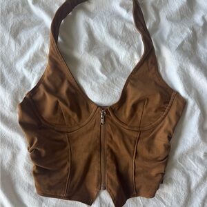 Mistress Rocks Brown Halter Crop Top with Zipper